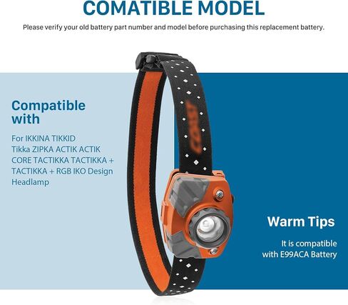 استبدال بطارية E99ACA، لـ TIKKINA TIKKID Tikka ZIPKA ACTIK ACTIK TACTIKKA TACTIKKA + TACTIKKA + RGB IKO Design Headlamp in Kuwait