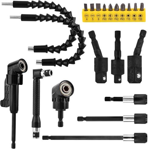 21 Pcs Flexible Drill Bit Extension Set Includes 105° Right Angle Drill Adapter 360° Rotatable 1/4 3/8 1/2" Impact Grade Socket Adapter Drills Bit Holder 10 Short Screwdriver Bits(COLOR:black) in Saudi Arabia