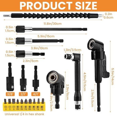 21 Pcs Flexible Drill Bit Extension Set Includes 105° Right Angle Drill Adapter 360° Rotatable 1/4 3/8 1/2" Impact Grade Socket Adapter Drills Bit Holder 10 Short Screwdriver Bits(COLOR:black) in Saudi Arabia