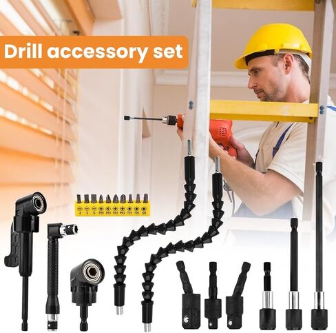 21 Pcs Flexible Drill Bit Extension Set Includes 105° Right Angle Drill Adapter 360° Rotatable 1/4 3/8 1/2" Impact Grade Socket Adapter Drills Bit Holder 10 Short Screwdriver Bits(COLOR:black) in Saudi Arabia