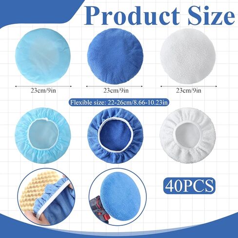 40 Pcs 9'' to 10'' Car Polisher Bonnets, Buffer Pads Bulk, Microfiber Polishing Pad Cover, Orbital Buffer Polisher Waxing Covers, Car Wax Cover for Cleaning and Polishing in Kuwait