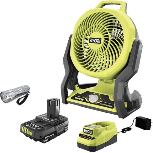 حزمة مروحة Ryobi المحمولة مع مروحة Ryobi 18V Hybrid Whisper Series 7-1/2 بوصة، بطارية 2.0 أمبير، شاحن 18 فولت، مصباح يدوي in Kuwait