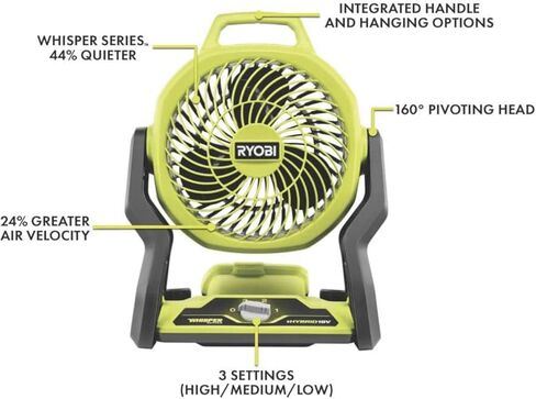 حزمة مروحة Ryobi المحمولة مع مروحة Ryobi 18V Hybrid Whisper Series 7-1/2 بوصة، بطارية 2.0 أمبير، شاحن 18 فولت، مصباح يدوي in Kuwait