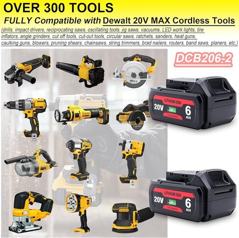 2 حزمة بطارية بديلة 6.0 أمبير 20 فولت متوافقة مع أدوات De-Walt 20 Volt MAX اللاسلكية، بطاريات ليثيوم أيون XR عالية السعة لسلسلة DCB206-2، DCB204، DCB230، DCB203، DCB201، DCD/ DCF/DCG in Kuwait
