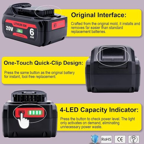 2 حزمة بطارية بديلة 6.0 أمبير 20 فولت متوافقة مع أدوات De-Walt 20 Volt MAX اللاسلكية، بطاريات ليثيوم أيون XR عالية السعة لسلسلة DCB206-2، DCB204، DCB230، DCB203، DCB201، DCD/ DCF/DCG in Kuwait