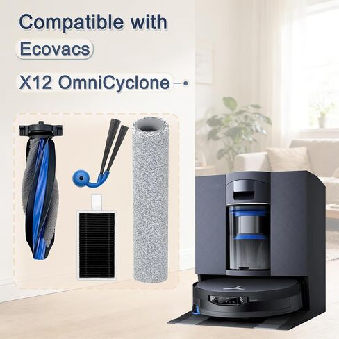 مجموعة الملحقات البديلة المتوافقة مع مكنسة الروبوت Ecovacs DEEBOT X12 OmniCyclone بدون كيس، الأجزاء البديلة: فرشتان رئيسيتان، 6 فرش جانبية، 6 مرشحات HEPA، 3 ممسحات دوارة in Kuwait