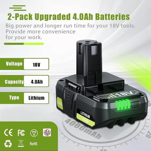Bonacell 2Pack 18V 4000mAh Replacement for Ryobi 18V Battery Compatible with Ryobi 18v P107 One+ Power Tools 18V PBP002 PBP003 PBP004 P102 P103 P104 P105 P107 P108 P109 P190 Cordless Power Tools in Kuwait