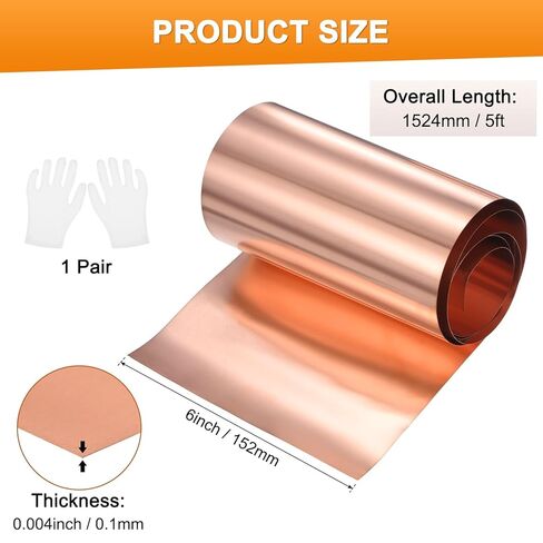 M METERXITY Copper Sheet Roll, 6in x 5ft x 0.002in (WxLxT) 99.9% Pure Copper Flashing Strip with Gloves for DIY Projects/Roofing/House Repair, Metal Foil Plate [1524x152x0.05mm] in Saudi Arabia