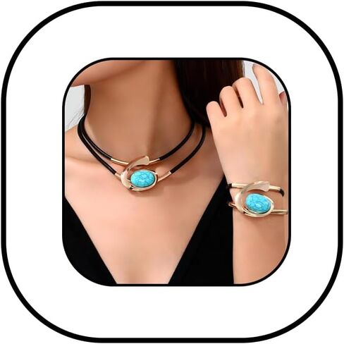 Gold Turquoise Jewelry Sets for Women Bohemian Double-Layer Necklace Chunky Vintage Pendant Necklace and Adjustable Non Tarnish Bracelet Boho Fashion Statement Jewelry Sets Gifts in Saudi Arabia