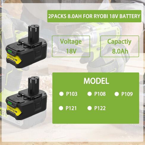2 Pack 18V 8.0Ah Battery and Charger Kit Replacement for Ryobi 18V ONE+ Battery P102 P103 P108 P109 Charger P117 P118 P119 in Kuwait