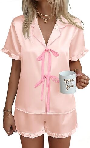 Ekouaer Satin Pajama for Women Short Sleeve Silky Pj Short Set Bow Front Tie Up Loungewear Sleepwear in Saudi Arabia