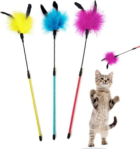 IUHKBH Cat Feather Wands, 3 Colors Interactive Cat Toys Cat Teaser Wands with Soft Turkey Feather and Bell for Cats and Kitties in Saudi Arabia