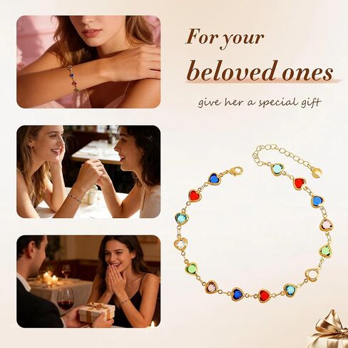 BXDA Valentine Gift Rhinestone Heart Bracelet for Women, Dainty Gold Bracelet Colorful Crystal Adjustable Chain Couple Present Accessories Fashion Jewelry in Saudi Arabia