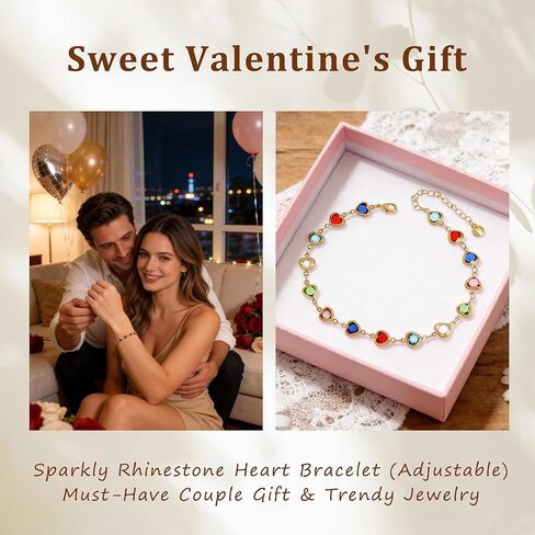 BXDA Valentine Gift Rhinestone Heart Bracelet for Women, Dainty Gold Bracelet Colorful Crystal Adjustable Chain Couple Present Accessories Fashion Jewelry in Saudi Arabia