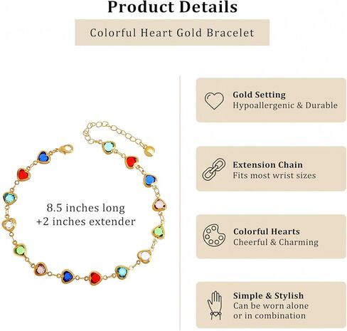 BXDA Valentine Gift Rhinestone Heart Bracelet for Women, Dainty Gold Bracelet Colorful Crystal Adjustable Chain Couple Present Accessories Fashion Jewelry in Saudi Arabia