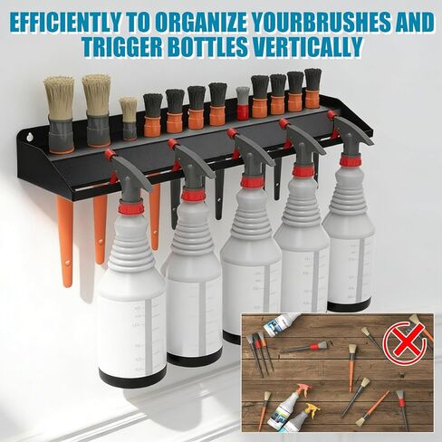 AceOrbit Car Detailing Brush Holder 2 in 1 Auto Detailing Spray Bottle Storage and Detail Brush Rack Wall Mount Organizer Holds 12 Brushes & Multiple Spray Bottles for Garage and Workspace Black in Kuwait