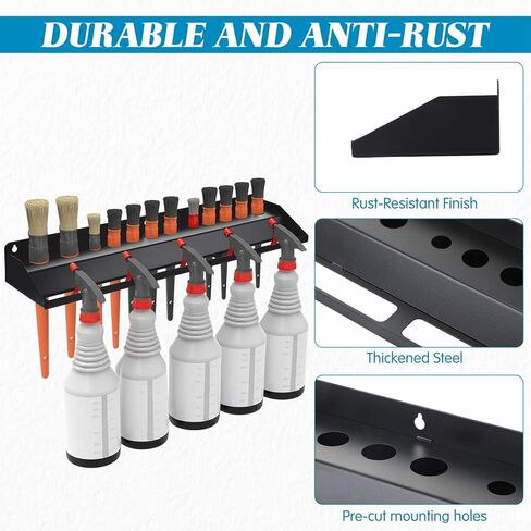 AceOrbit Car Detailing Brush Holder 2 in 1 Auto Detailing Spray Bottle Storage and Detail Brush Rack Wall Mount Organizer Holds 12 Brushes & Multiple Spray Bottles for Garage and Workspace Black in Kuwait