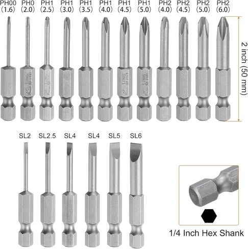 مجموعة لقم مفك براغي فيليبس 18 قطعة مشقوقة SL2-6 PH00(1.6) PH0(2.0/2.5) PH1(3.0-5.0) PH2(4.0-6.0) S2 فولاذ 1/4 بوصة ساق سداسية 2 بوصة طول رؤوس مثقاب مغناطيسية مسطحة متقاطعة in Kuwait