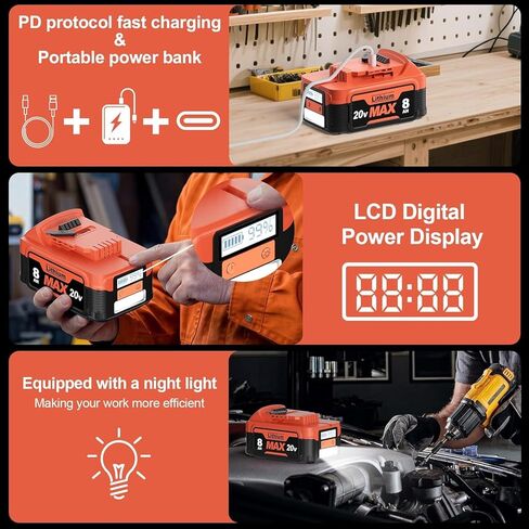 【NEW VERSION】2Pack 8.0Ah Replacement for Dewalt 20V Lithium Battery with LCD Screen, Compatible with Dewalt 20 Volt Battery Max DCB200 DCB201 DCB203 DCB204 DCB205, Support PD bidirectional Output 65W in Kuwait