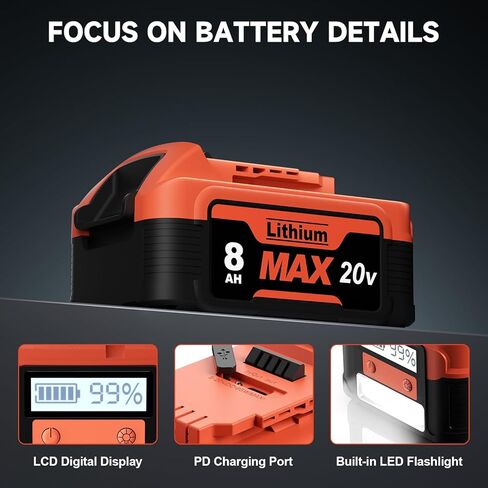 【NEW VERSION】2Pack 8.0Ah Replacement for Dewalt 20V Lithium Battery with LCD Screen, Compatible with Dewalt 20 Volt Battery Max DCB200 DCB201 DCB203 DCB204 DCB205, Support PD bidirectional Output 65W in Kuwait