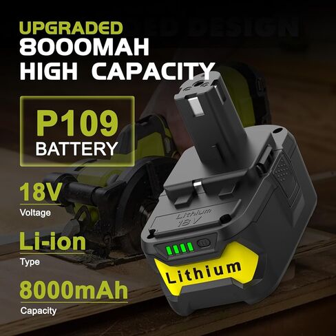18V Battery Replacement for Ryobi Battery, 8.0Ah High Capacity Li-ion Battery, 2 Packs, Compatible with Ryobi 18V Tools P102, P103, P104, P105, P107, P108, P109, Intelligent Protection, Long Runtime in Kuwait