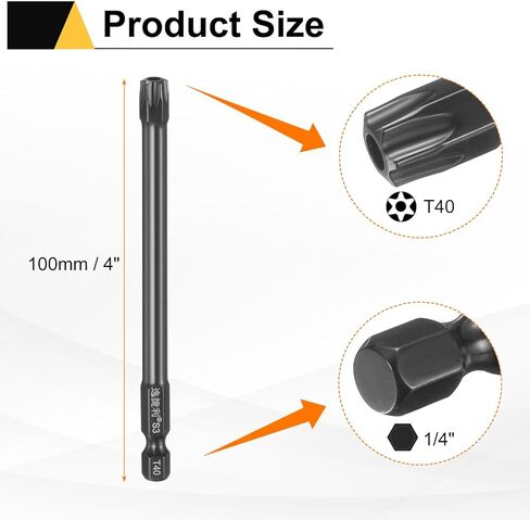 HARFINGTON 5pcs T40 Security Torx Head Screwdriver Bit 1/4" Hex Shank 4" (100mm) Long Magnetic Tamper Proof 6 Point Star Screw Driver Drill Bit S3 Steel Mirror Polished Power Tool with Hole in Kuwait