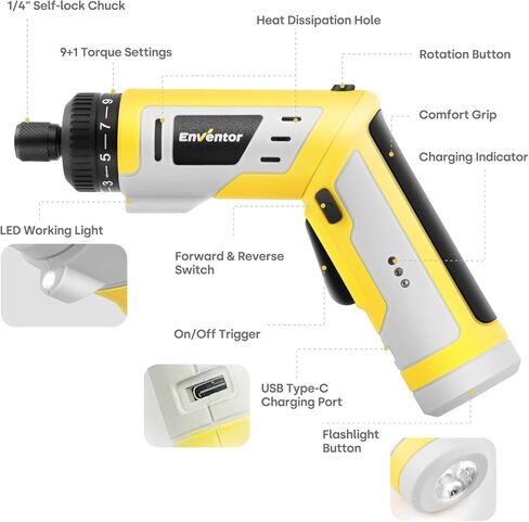Enventor 4V Cordless Power Screwdriver Kit, Electric Screwdriver Set with 52pcs Accessories, 2000mAh Battery, Type-C Charging, 4.5Nm Screw Gun, 9+1 Torque Setting, 2 Position Handle, LED & Flashlight in Kuwait