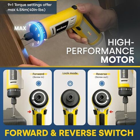 Enventor 4V Cordless Power Screwdriver Kit, Electric Screwdriver Set with 52pcs Accessories, 2000mAh Battery, Type-C Charging, 4.5Nm Screw Gun, 9+1 Torque Setting, 2 Position Handle, LED & Flashlight in Kuwait
