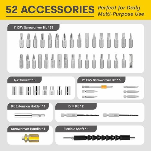 Enventor 4V Cordless Power Screwdriver Kit, Electric Screwdriver Set with 52pcs Accessories, 2000mAh Battery, Type-C Charging, 4.5Nm Screw Gun, 9+1 Torque Setting, 2 Position Handle, LED & Flashlight in Kuwait