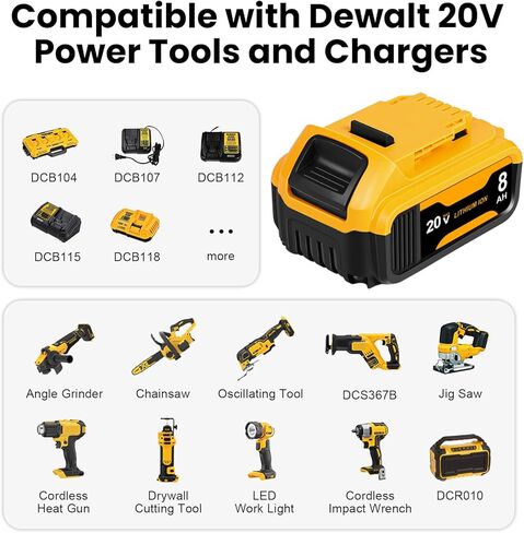 20V 8.0Ah Battery Replacement for Dewalt 20V MAX Battery and DCB112 Charger Combo,Compatible with DCB200 DCB201 Series Power Tools in Kuwait