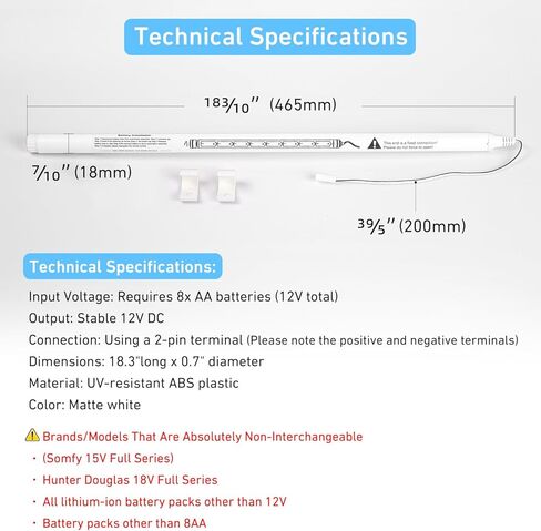 DC224K Reloadable Battery Tube - 12V Rechargeable Battery Wand for Motorized Shades, Uses 8 AA Batteries, Compatible with Tubular Motors in Kuwait