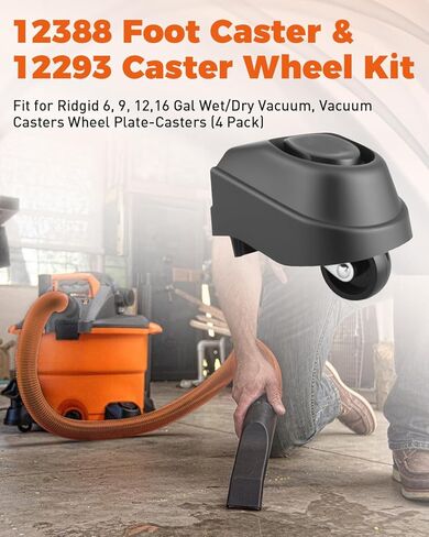 4Pack 12388 Foot Caster & 12293 Caster Wheel Kit Fit for Ridgid 6 9 12 16 Gallon Wet/Dry Vacs,Black in Kuwait