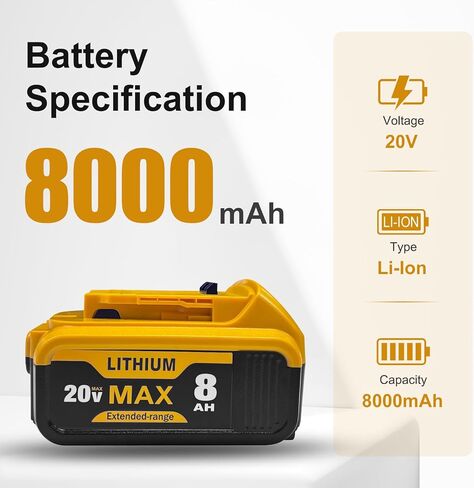 بطارية ليثيوم أيون 8.0Ah 20V MAX، عبوتان، متوافقة مع أدوات وشواحن سلسلة DeWalt DCB200 DCB201 DCB206 | وقت تشغيل طويل للمثاقب والمناشير in Saudi Arabia