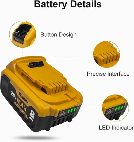 بطارية ليثيوم أيون 8.0Ah 20V MAX، عبوتان، متوافقة مع أدوات وشواحن سلسلة DeWalt DCB200 DCB201 DCB206 | وقت تشغيل طويل للمثاقب والمناشير in Kuwait