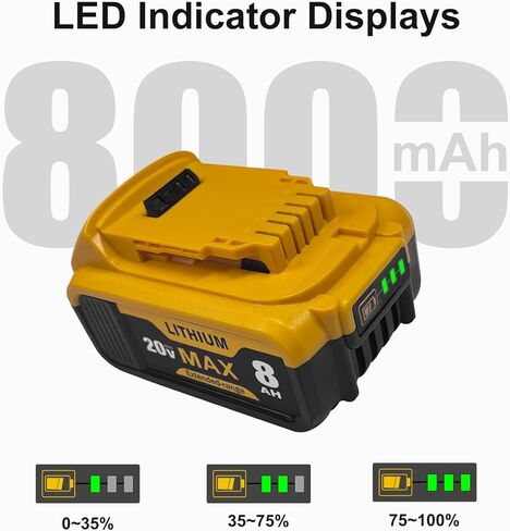 بطارية ليثيوم أيون 8.0Ah 20V MAX، عبوتان، متوافقة مع أدوات وشواحن سلسلة DeWalt DCB200 DCB201 DCB206 | وقت تشغيل طويل للمثاقب والمناشير in Saudi Arabia