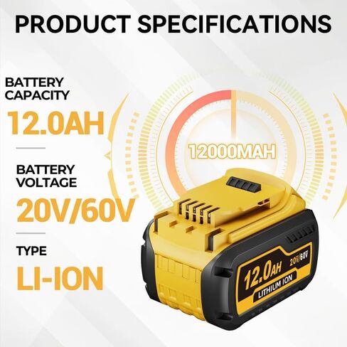 12.0Ah 2-Pack DCB612 بديلة لبطارية DeWalt 20V/60V DCB606 DCB609 DCB200 DCB206، متوافقة مع أدوات الطاقة اللاسلكية DeWalt 20V/60V in Kuwait