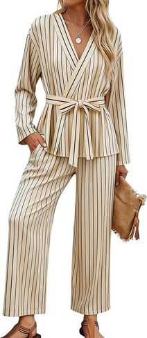 Tanming Womens Pajama Sets Wrap Belted Tops Wide Leg Pants Cute Pjs Striped 2 Piece Lounge Set in Saudi Arabia