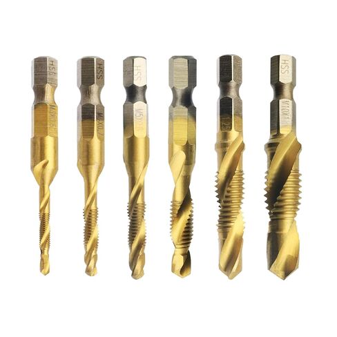 6 Pcs Drill Tap Set,Titanium Plated Combination Taps Drill Bit Set, M3 M4 M5 M6 M8 M10 Hex Shank HSS Screw Thread,Metric Compound Tap Drill Bits,Soft Metal Drilling Deburring & Countersinking in Kuwait