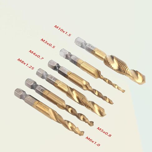 6 Pcs Drill Tap Set,Titanium Plated Combination Taps Drill Bit Set, M3 M4 M5 M6 M8 M10 Hex Shank HSS Screw Thread,Metric Compound Tap Drill Bits,Soft Metal Drilling Deburring & Countersinking in Kuwait