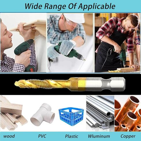 6 Pcs Drill Tap Set,Titanium Plated Combination Taps Drill Bit Set, M3 M4 M5 M6 M8 M10 Hex Shank HSS Screw Thread,Metric Compound Tap Drill Bits,Soft Metal Drilling Deburring & Countersinking in Kuwait
