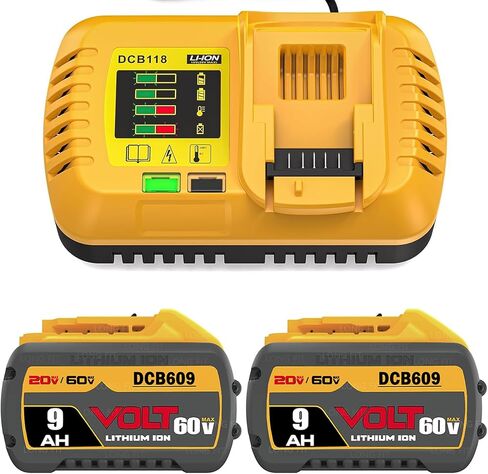 مجموعة بطارية DCB609 وشاحن سريع DCB118 | عبوتان من البطاريات البديلة 20 فولت - 60 فولت بحد أقصى 9 أمبير مع شاحن سريع 8 أمبير | متوافق مع أدوات DeWalt 20V/60V MAX in Kuwait