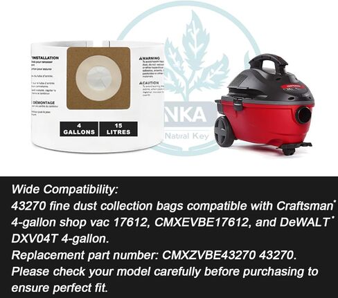 4 Pack 43270 4 Gallon Vacuum Bags for Craftsman 4 Gallon Shop Vac bags CMXEVBE176120 and DeWALT shop vac bags DXV04T Dust Collection Bag, Replacement Part# CMXZVBE43270 in Kuwait
