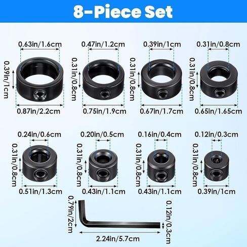 Depth Stop Drill Bit,Stop Collar Set, High Carbon Steel Drill Bit Positioning Ring Split Ring Includes 1/8", 3/16", 1/4", 5/16", 3/8", 7/16", 1/2", 5/8"and Allen Wrench(9Pcs) in Kuwait
