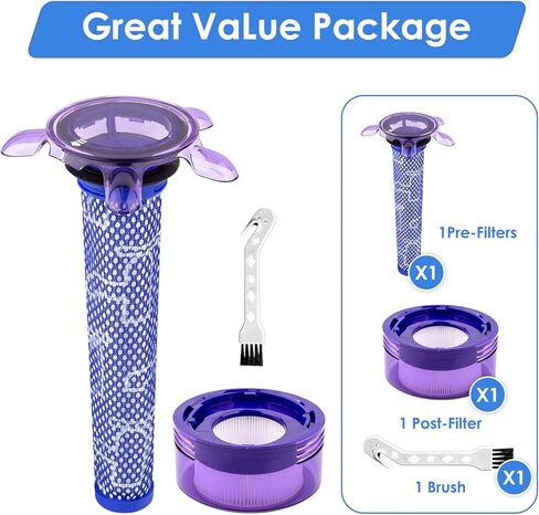 (3 عبوات) مجموعات بديلة محمولة للسيارة والقارب لمرتبة Dyson V8 Animal Extra SV25، SV10، SV11، V8 FOCUS، V7 SV37، قطعة بديلة #965661-05&967478-05، 1 فلتر مسبق، 1 فلتر لاحق، 1 فرشاة تنظيف in Kuwait