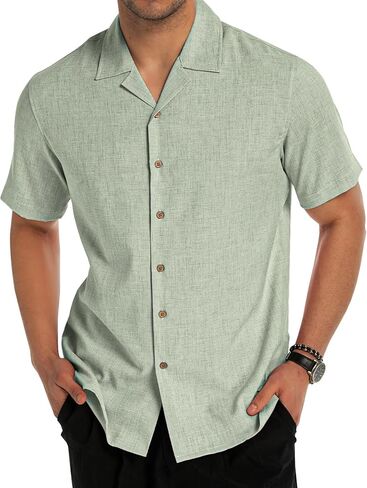 Tmeefee Linen Shirts for Men Casual Short Sleeve Button Down Shirt Cool Summer Beach Wedding Vacation Tops in Saudi Arabia