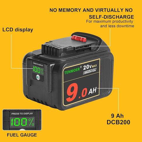 بطارية TENMOER 2-Pack 20V 9.0Ah متوافقة مع استبدال بطارية Dewalt 20V لأدوات Dewalt 20V اللاسلكية in Kuwait