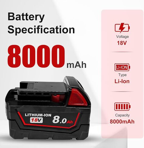 بطارية ليثيوم أيون 8.0 أمبير 18 فولت، قطعتان، متوافقة مع أدوات وشواحن سلسلة Milwaukee M18 48-11-1850 48-11-1860 in Kuwait