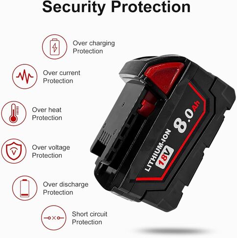 بطارية ليثيوم أيون 8.0 أمبير 18 فولت، قطعتان، متوافقة مع أدوات وشواحن سلسلة Milwaukee M18 48-11-1850 48-11-1860 in Kuwait