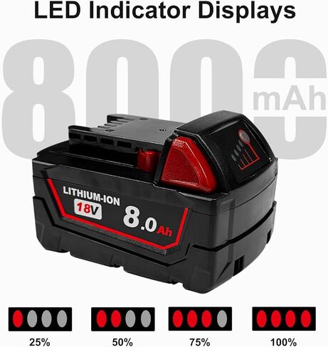 بطارية ليثيوم أيون 8.0 أمبير 18 فولت، قطعتان، متوافقة مع أدوات وشواحن سلسلة Milwaukee M18 48-11-1850 48-11-1860 in Kuwait