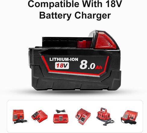بطارية ليثيوم أيون 8.0 أمبير 18 فولت، قطعتان، متوافقة مع أدوات وشواحن سلسلة Milwaukee M18 48-11-1850 48-11-1860 in Kuwait